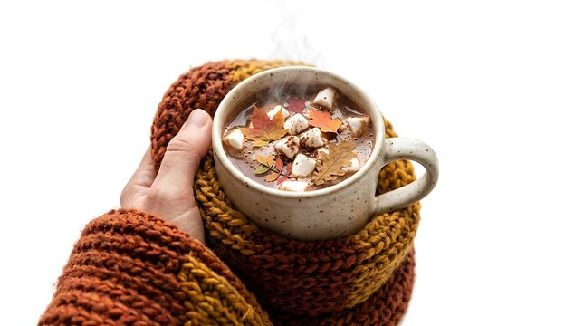 Cozy Autumn Drink with Marshmallows and Leaves in Hand on White Background