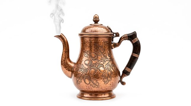 Steaming Copper Kettle with Acorn Ornament on White Background
