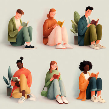 Colorful illustration for Book Lovers Day with people and open pages. Stylish idea for educational projects