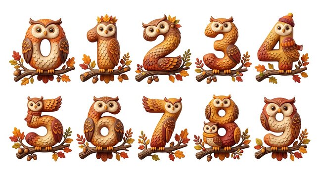 Autumn Owl Numbers Collection with Fall Foliage on White Background