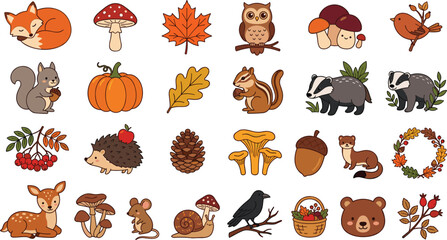 Obraz premium Cute autumn forest cartoon vector collection featuring woodland animals, mushrooms, pumpkins, leaves, berries, acorns, and cozy fall nature illustrations
