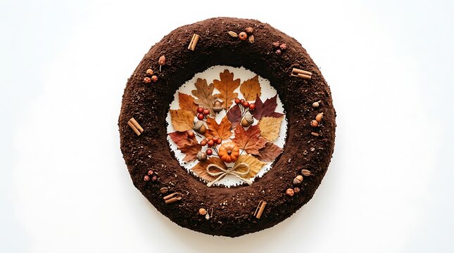 Autumnal Wreath Decoration with Leaves, Berries, and Acorns on White