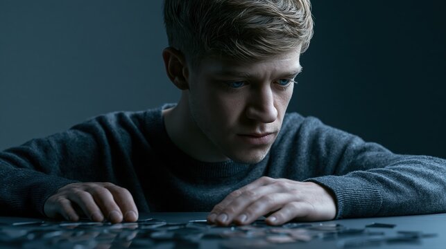 young man focused on puzzle pieces