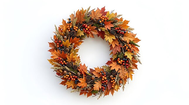 Vibrant Autumn Harvest Wreath with Leaves, Berries, and Pinecones