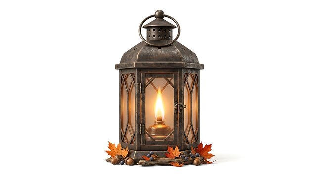 Vintage Metal Lantern with Autumn Leaves and Acorns on White Background