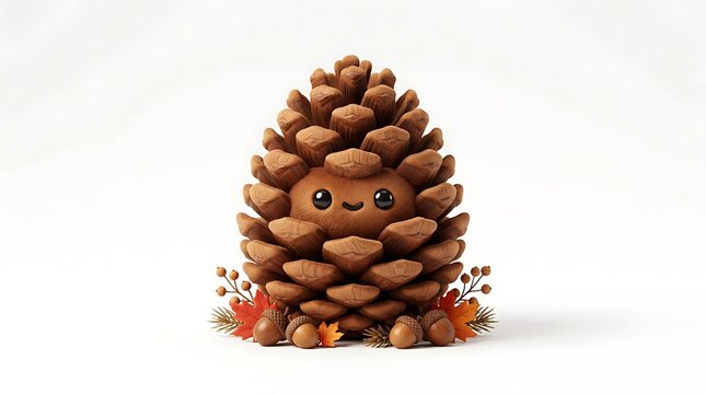 Charming Cute Pinecone Character with Autumn Decor on White Background