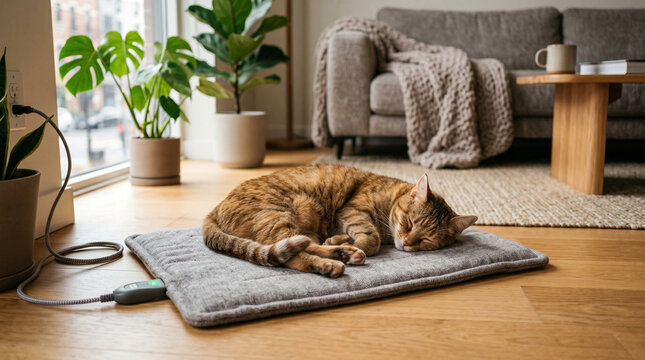 Ginger cat sleeping on a cozy mat in a modern living room  