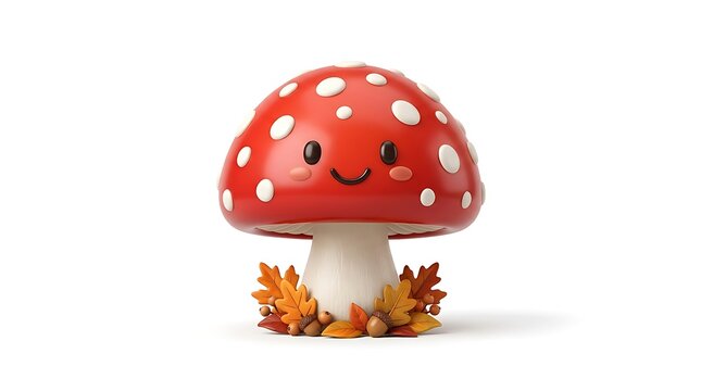 Cute Cartoon Amanita Muscaria Mushroom with Autumn Leaves and Acorns