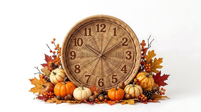 Autumnal Clock with Pumpkins and Leaves on White Background