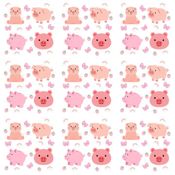 Seamless cute pig pattern with little pink pigs, bows, strawberries, and mini rainbows on white background, vector illustration