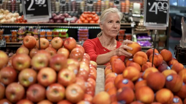 Senior woman enjoys selecting fresh apples at a grocery store while surrounded by colorful fruits and vegetables.