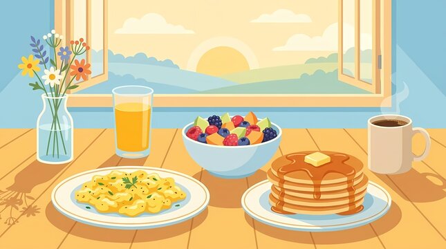 Flat vector illustration of a breakfast table set by a sunny window with a mountain view.