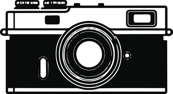 A single vintage film camera with simplified lens and clean geometric proportions, ultra clean vector line art, bold black outline only, thick stroke, single object, minimalist, centered composition