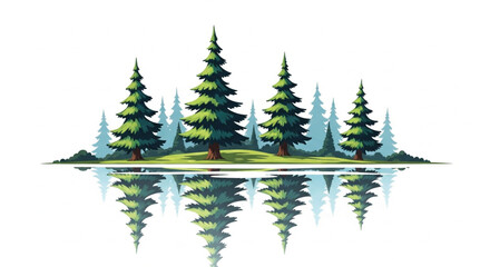 Obraz premium Serene Forest Scene with Pine Trees Reflected in Calm Water, Vector Illustration