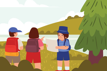 Children exploring a lakeside forest trail with backpacks, enjoying an outdoor hiking adventure in nature.