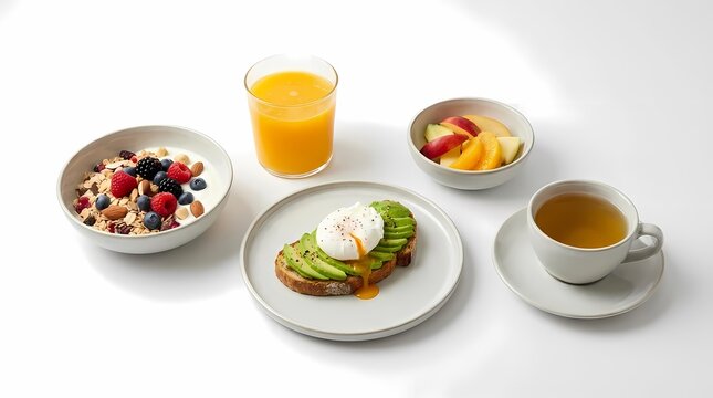 Healthy breakfast spread with avocado toast, poached egg, fruit, and tea.
