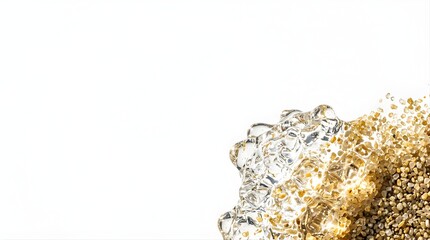 Obraz premium Clear transparent ice cube melting with scattered golden sand grains