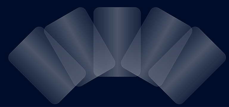 A fan of blank dark grey playing cards arranged in a semi circle against a solid dark blue background for design