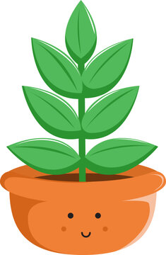 Cute vertical layered leaf plant in a smiling cartoon pot, vector flat illustration of a kawaii houseplant