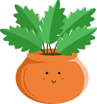 Cute spiky leaf fern plant in a round smiling pot, cartoon kawaii houseplant vector illustration isolated on white