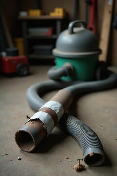 A Damaged Vacuum Hose and Industrial Cleaning Equipment in a Workshop Setting