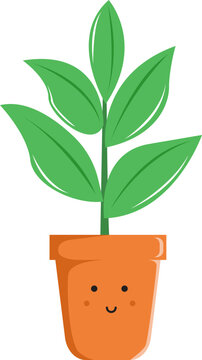 Cute small tall houseplant in a smiling mini pot, vector flat illustration of a kawaii young plant
