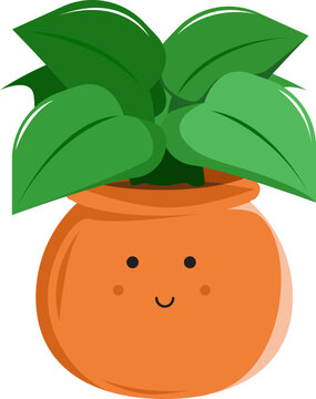 Cute lush green houseplant in a round smiling pot, vector illustration of a chubby cartoon plant pot isolated on white