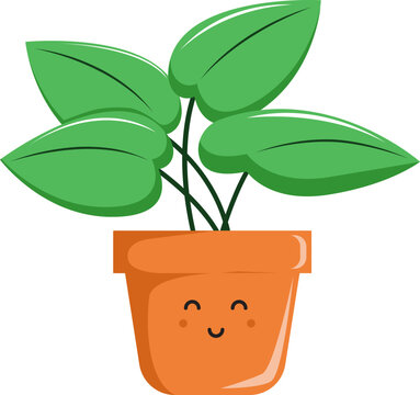 Cute multiple leaf houseplant in a smiling square pot, vector illustration of a friendly cartoon plant character