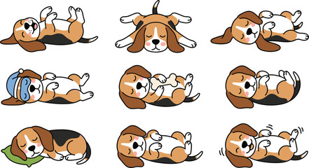 Obraz premium Cute beagle dog sleeping cartoon vector illustration collection featuring rolling, dreaming, relaxing, cuddling, pillow and playful puppy resting poses isolated on white background
