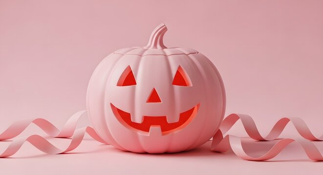 Pastel pink pumpkin with a carved jackolantern face surrounded by decorative ribbons on a pink background