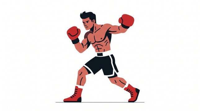 Flat Vector Illustration of a Muscular Male Boxer in Fighting Stance with Red Gloves