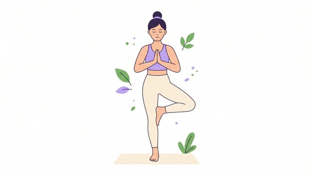Young Woman Practicing Tree Pose Yoga on Mat Minimalist Flat Vector Art