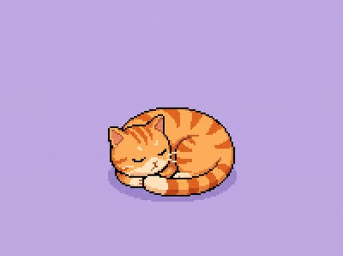 Cute pixel art sleeping orange tabby cat. Adorable kitten curled up on lavender background.