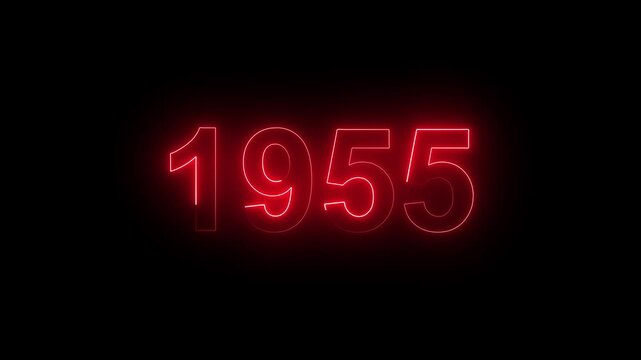 Vintage neon number 1955 glowing in dark retro style. Classic illuminated year display for historical timeline or century celebration.