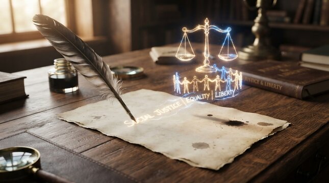 Ancient quill pen writing on parchment with scales of justice symbol