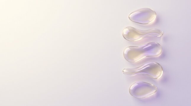 Liquid glass shapes on lavender background. Abstract 3d forms with soft iridescent light.