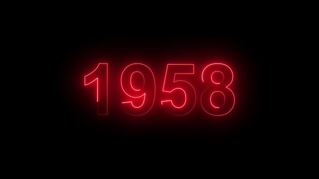 Vintage neon number 1958 glowing in dark retro style. Classic illuminated year display for historical timeline or century celebration.