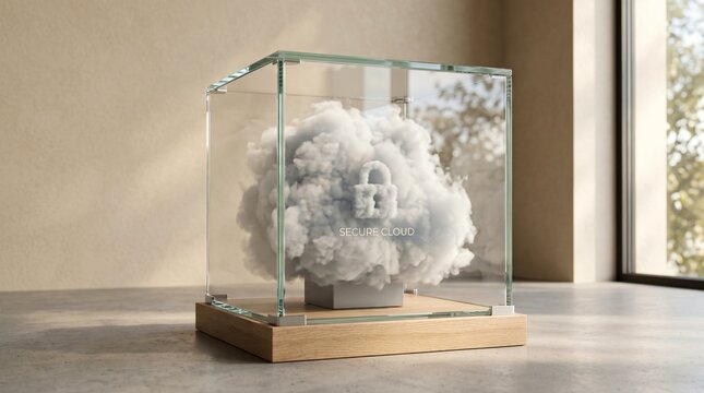 Secure cloud data storage concept. Digital information protection inside a glass display.
