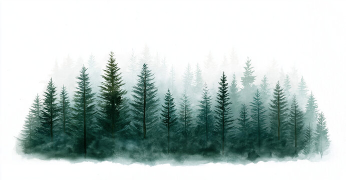 a simple and delicate watercolor painting of a pine forest
