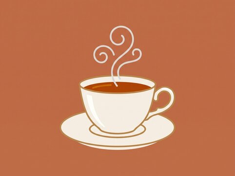 Minimalist tea cup icon. Simple graphic illustration of hot beverage on terra cotta.