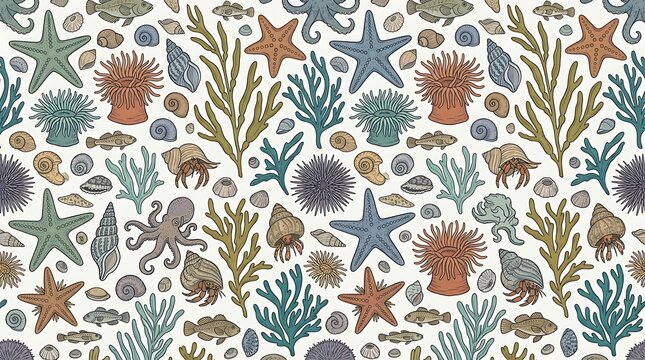 Seamless pattern of marine life including starfish shells and octopus