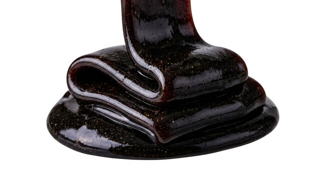 Thick black molasses dripping and stacking against transparent background.