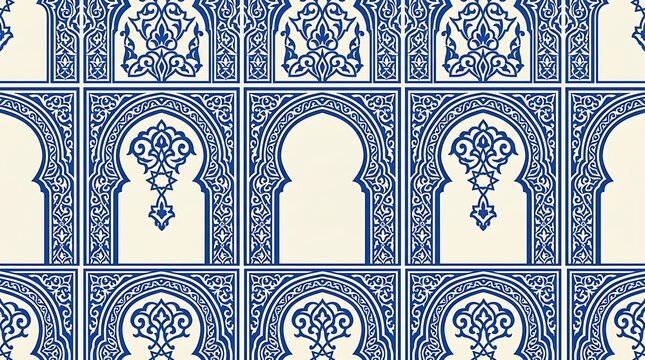 Traditional blue and white moroccan arch pattern with arabesque details
