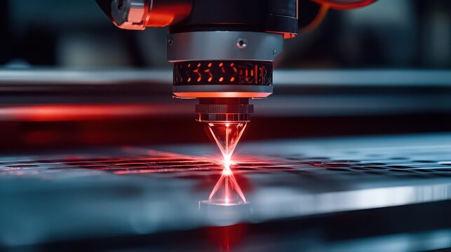 Precision laser engraving machine focuses a concentrated beam to etch detailed patterns on a metal sheet.
