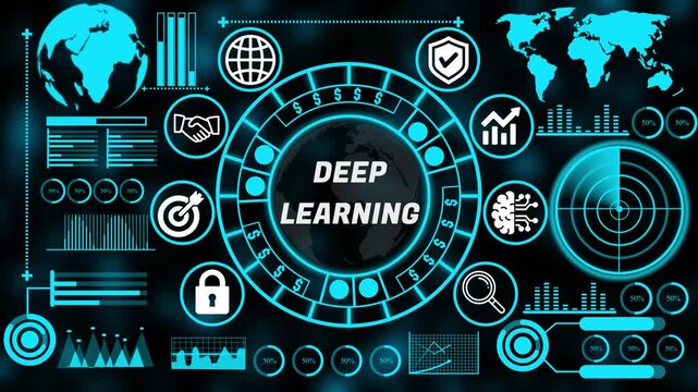 Strategic deep learning concept with interconnected business technology internet icons supporting enterprise decision making and growth. 4k animation video 