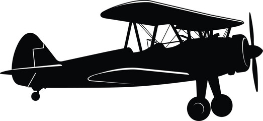 Vintage biplane aircraft black silhouette icon featuring classic double wing propeller airplane for retro aviation design vector © MdRakib