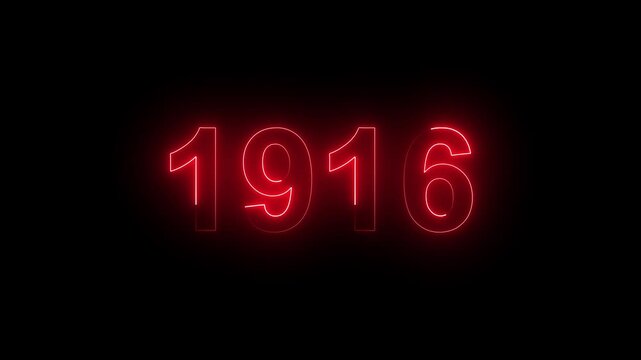 Vintage neon number 1916 glowing in dark retro style. Classic illuminated year display for historical timeline or century celebration.