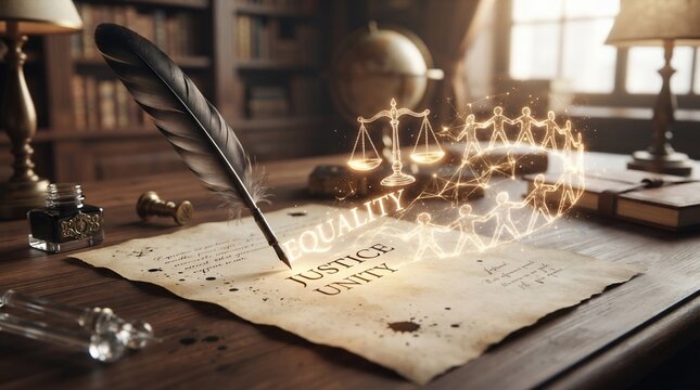 Quill pen writing justice unity equality symbols on old paper