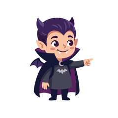 Cute cartoon vampire boy pointing with bat cape