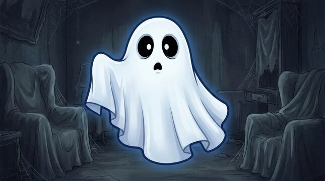 A cute cartoon ghost floating in a dark, spooky, cobwebfilled abandoned room with covered furniture